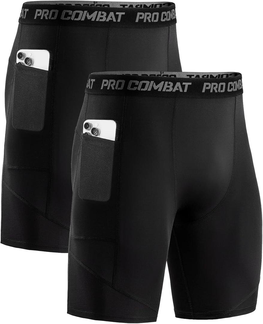 Niksa 1/2 Pack Mens Compression Shorts with Pocket, Performance Spandex Athletic Sports Workout Running Underwear Shorts (Large)