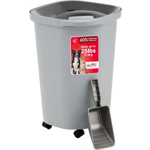 IRIS USA Pet Food Storage Container 25 lbs, Premium 60% Improved Airtight Seal with Air Valve, 2 Cup Scoop, Removable Wheels, Easy to Open - Made in the USA, Gray