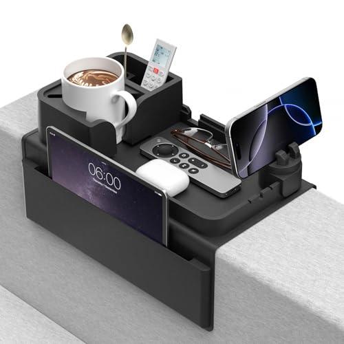  Couch Arm Cup Holder CLESOO Couch Arm Tray Anti-Slip Couch Cup Holder Silicone Sofa Armrest Tray Dual Side Pocket Couch Drink Holder Sofa Caddy Arm Remote Holder Snack Caddy with Phone Holder Black