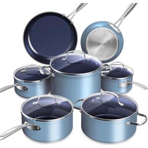 Nuwave Healthy Duralon Blue Ceramic Nonstick Cookware Set, Diamond Infused Scratch-Resistant, PFAS Free, Dishwasher & Oven Safe, Induction Ready & Evenly Heats, Tempered Glass Lids & Stay-Cool Handles