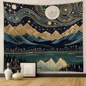 Tapzen Mountain Forest Boho Landscape Moon Stars Tapestry for Bedroom & Living Room (60 x 40 inches) (Black)