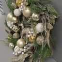 24 inch Pre-Lit Gold Christmas Wreath for Front Door Outdoor, Decorated with Ornaments, Deer Figurine, Flocked Artificial Green Pine Branches, White LED Lights