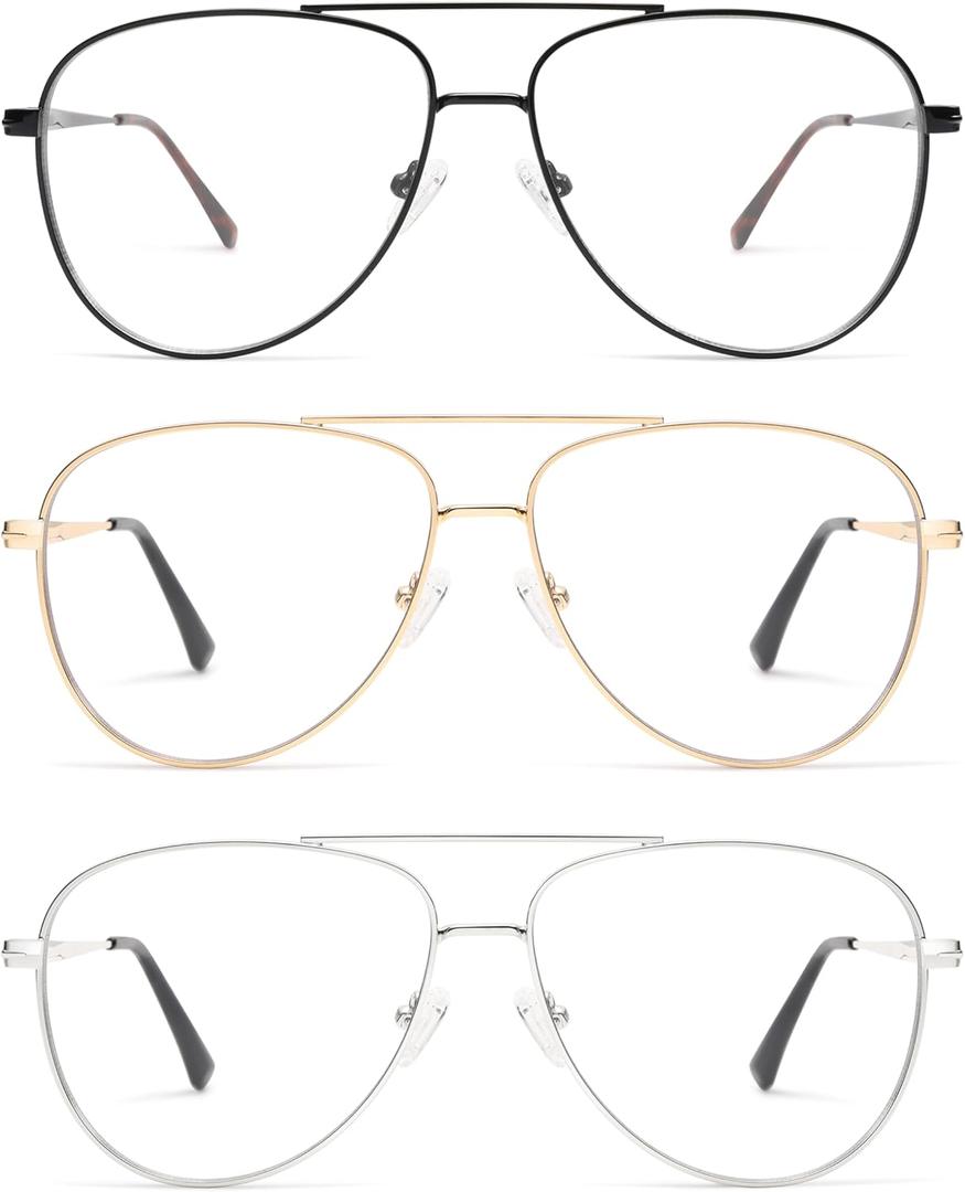 AMOMOMA Trendy Aviator Reading Glasses for Women,Men Blue Light Blocking Computer Readers Retro Metal Frame AM6162 (Black+gold+silver Us)