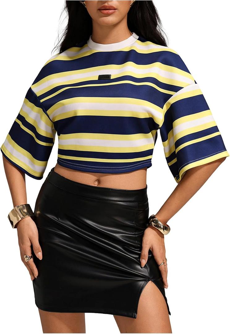 SOLY HUX Women's Color Block Striped Crop Top Half Sleeve Drop Shoulder Tees Oversized T-Shirts (Yellow, S)