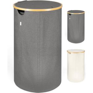 LONBET Laundry Basket with Lid, Made from Breathable Fabric | Aesthetic Clothes Hampers for Laundry with Side Handles & Sturdy Bamboo Frame (Circular, Grey) (Gray)