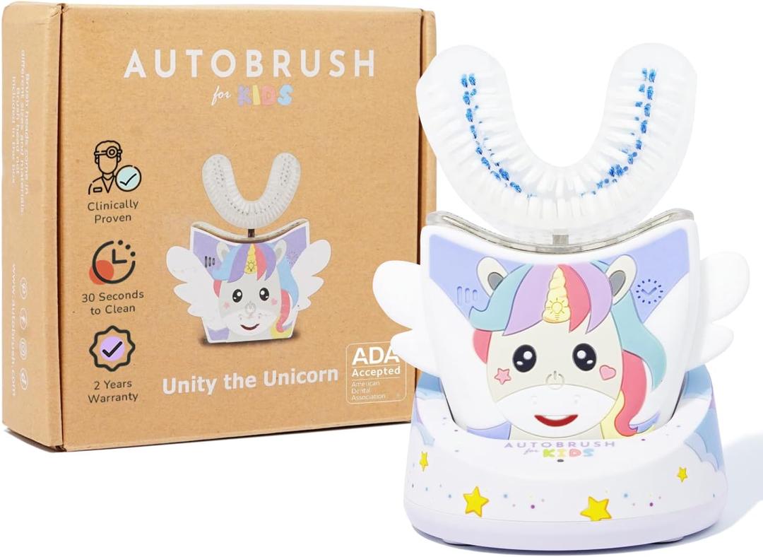 autobrush Kids U Shaped Electric Toothbrush, ADA Accepted, Sonic Pro with Unique 360 Nylon Bristles 3 Cleaning Modes,Whitening LED-Lights,Plays Music (Double-Sided),Ages 6-8, Unicorn