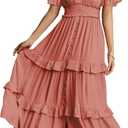 Amegoya Women's Summer Boho Tiered Maxi Dress V Neck Smocked Hight Waist Long Flowy Dress (Rust Pink M)