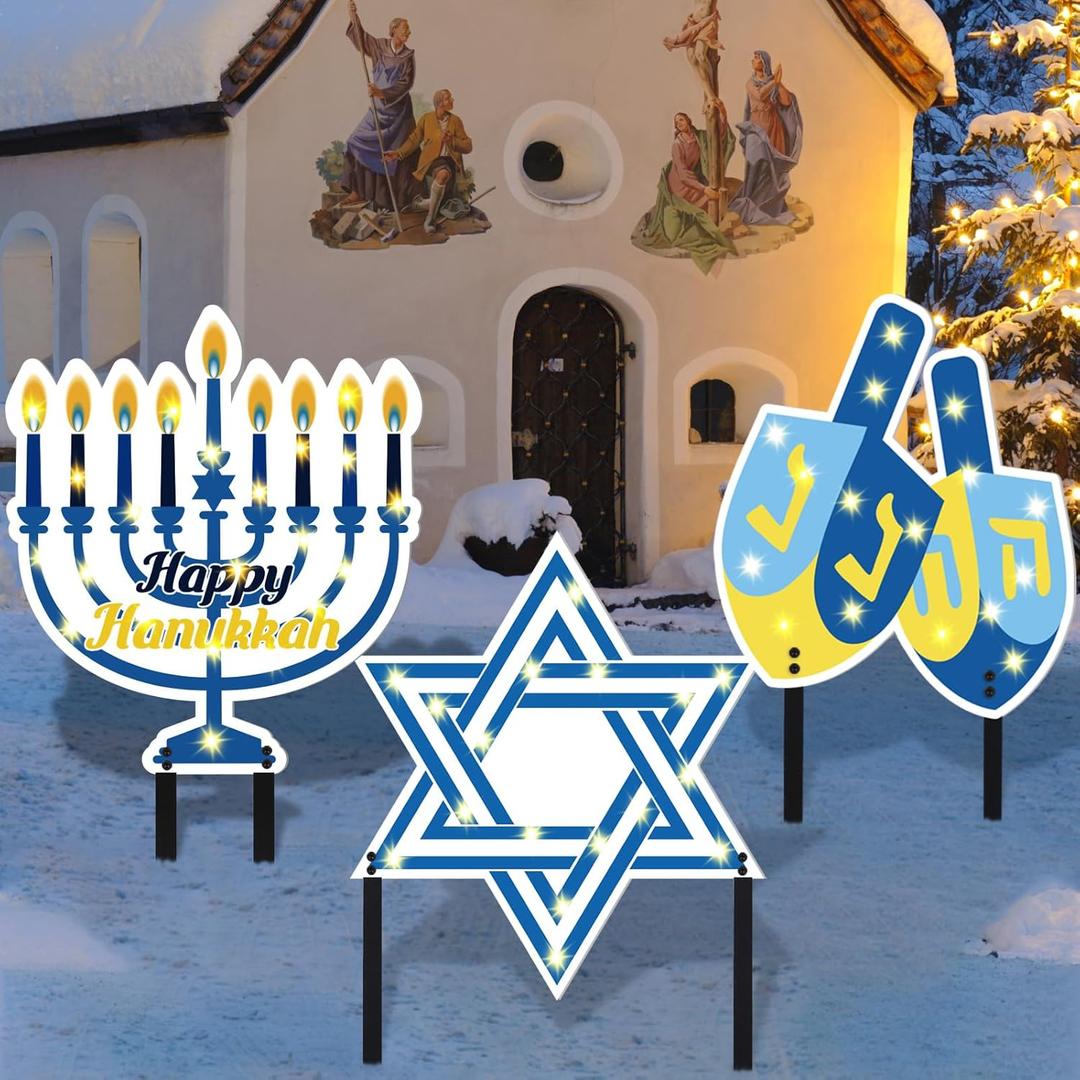 Lounsweer 3 Pcs Metal Happy Hanukkah Yard Signs with Stakes Lighted Chanukah Yard Signs Outdoor Decorations Menorah Waterproof Hanukkah Party Supplies for Chanukah Themed Party Lawn Garden