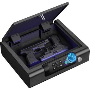 BILLCONCH Cabinet Safes Biometric Gun Safe Portable Pistol Safes Electronic Lock Box Key Access with LED Light Silent Mode Bedside Gun Safe for Pistols, Gun Lock Box for Nightstand