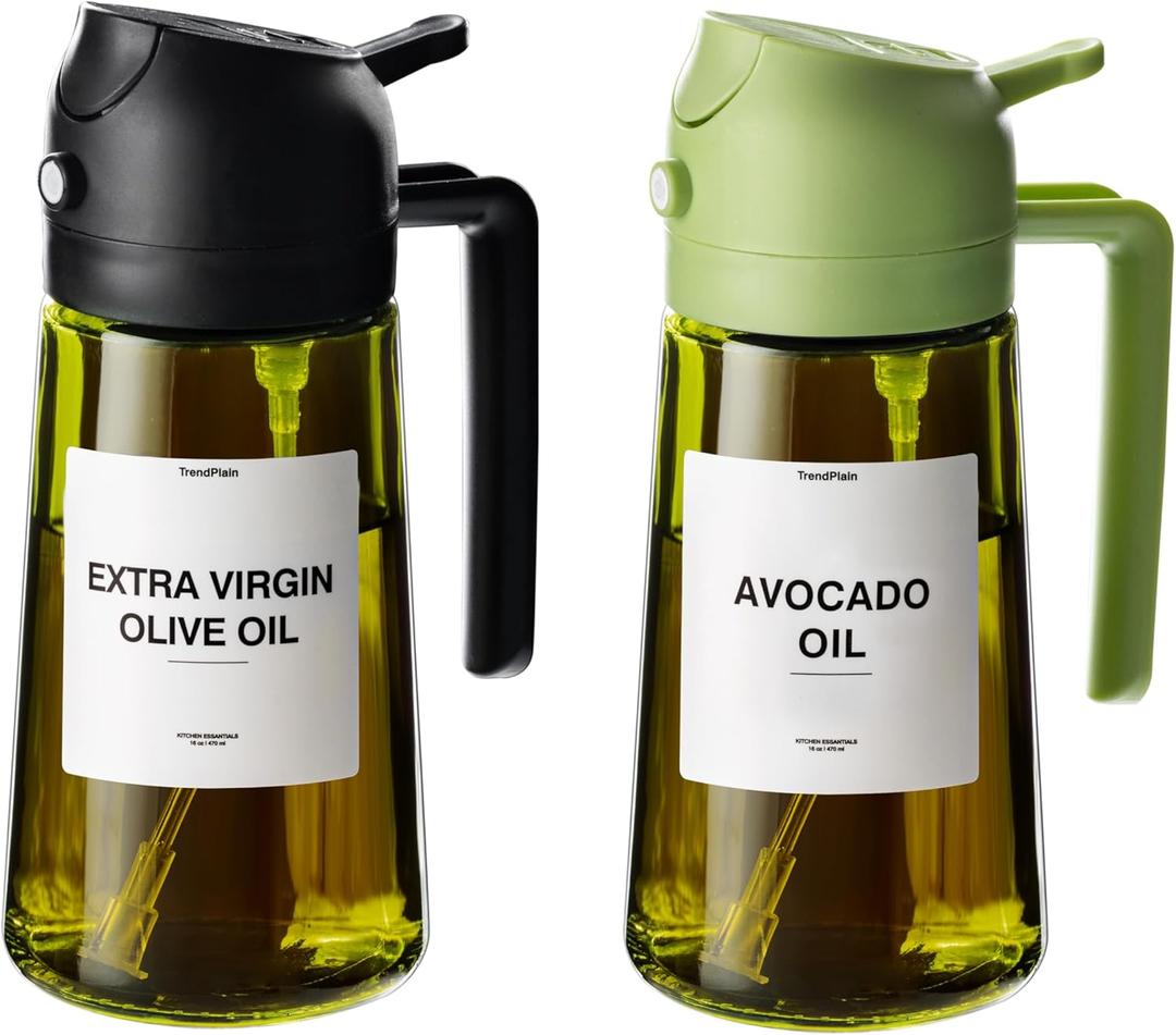 TrendPlain - Original 16oz/470ml Olive Oil Dispenser Bottle for Kitchen Gadgets and Air Fryer Accessories - Olive Oil Sprayer for Cooking w/Stickers (Light Blockage) - Black&Green