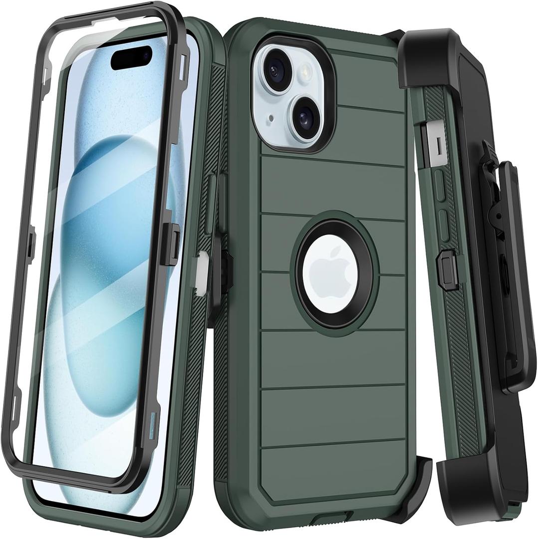 for iPhone 15 Case with Belt Clip Holster,Built-in Screen Protector,Heavy Duty Shockproof Drop Protection Military Grade 3 Layers Rugged Durable Phone Cover with Kickstand for Apple 15 (Dark Green)