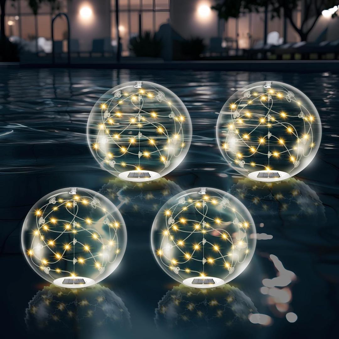 Floating Pool Lights Solar Powered,14 Inch 3000K Warm White Inflatable Glow in The Dark Balls,IP68 Waterproof Led Light up for Inground Pool, Christmas Decorations Outdoor Ornaments