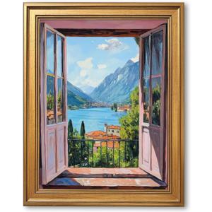 Gold Frame Open Window Wall Art by Henri Matisse Reproduction Canvas Print Patio Doors Italian Mediterranean Landscape Painting Trendy Coastal Travel Poster for Living Room Decor 12x16inch