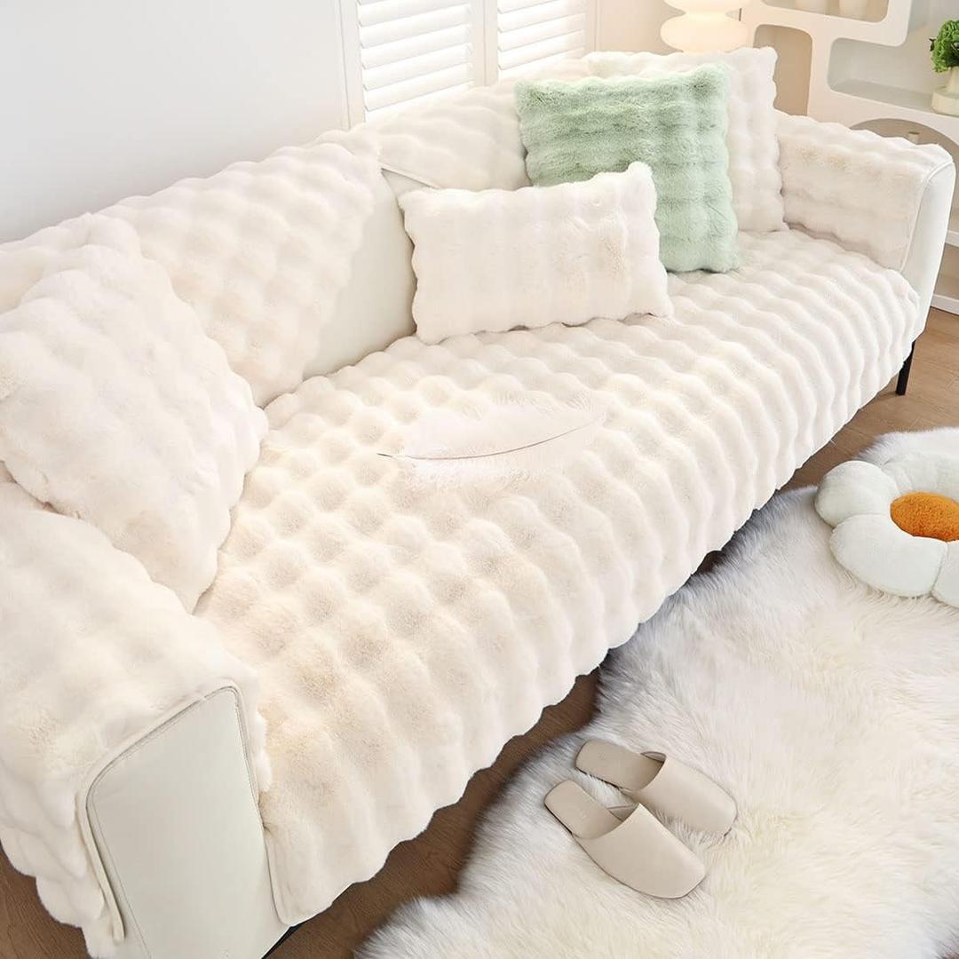 Soft Warm Faux Fur Couch Sofa Cover Thick Shaggy Fuzzy Sectional Couch Cover Non-Slip Solid Color Plush Sofa Slipcover Furniture Protector for Kids, Pets (Cream,28"x82")