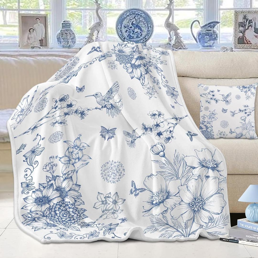 yuboo Blue White Spring Summer Floral Throw Blanket, Chinoiserie Flower Gifts for Women Kids Girls, Soft Flannel Hummingbird Blanket for Nautical French Country Coastal Victorian Decor, 50 x 60In