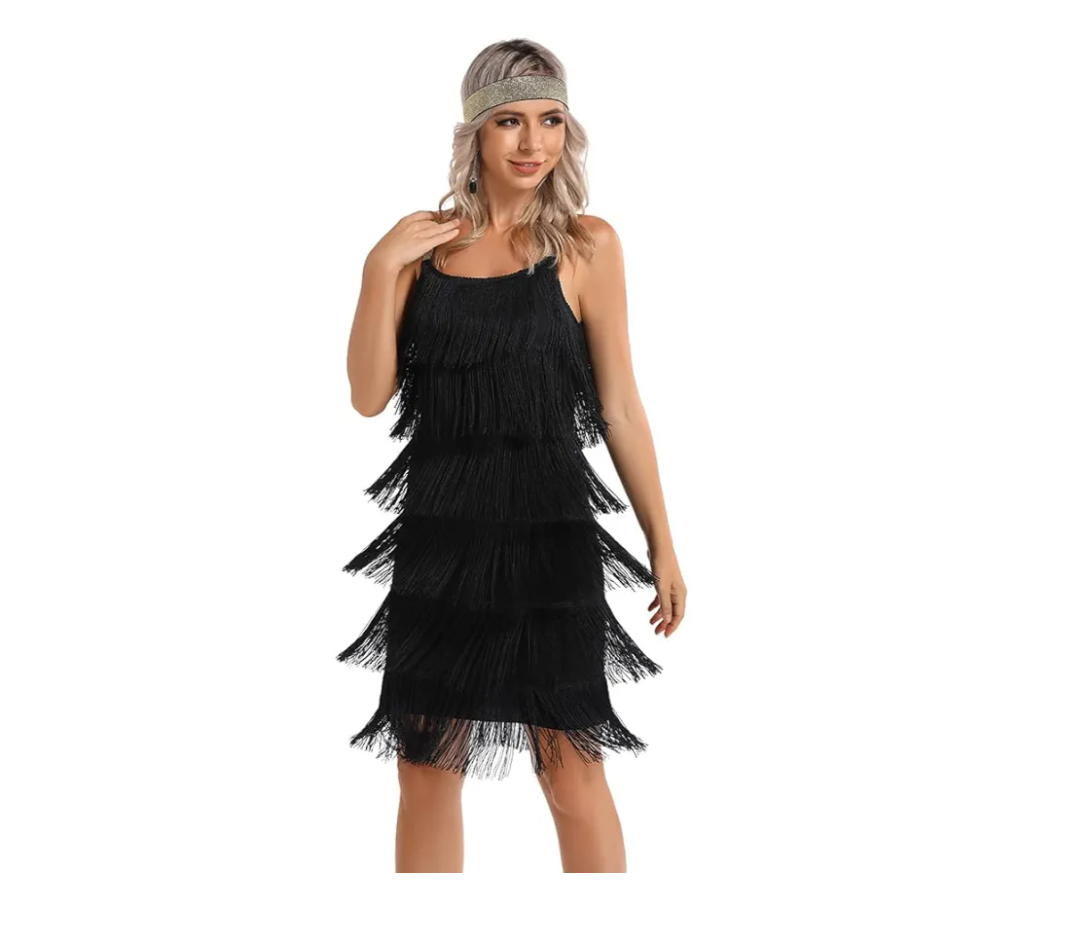 Women's Great Gatsby Flapper Spaghetti Tassel Dress with Headband, 20s Elegant Mini Dress Party Accessory COSTUME OUTFIT (L, Black)