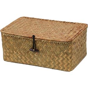Wicker Basket with Lid, Natural Seagrass Storage Baskets for Organizing, Woven Basket for Storage, Decorative Boxes Bins with Lids Home Organizer Decor (Natural, Small) (10.23" x 6.3" x 4.13")