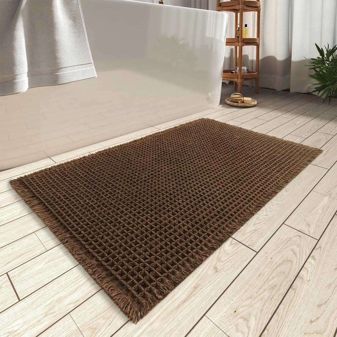AMOAMI Upgraded Waffle Bath Mat, Super Absorbent Non Slip Bath Mats for Bathroom Floor, Machine Washable Bathroom Rugs with Tassels, Rubber Backed Bathroom Mats, Ultra Soft, 17" x 24",Terracotta