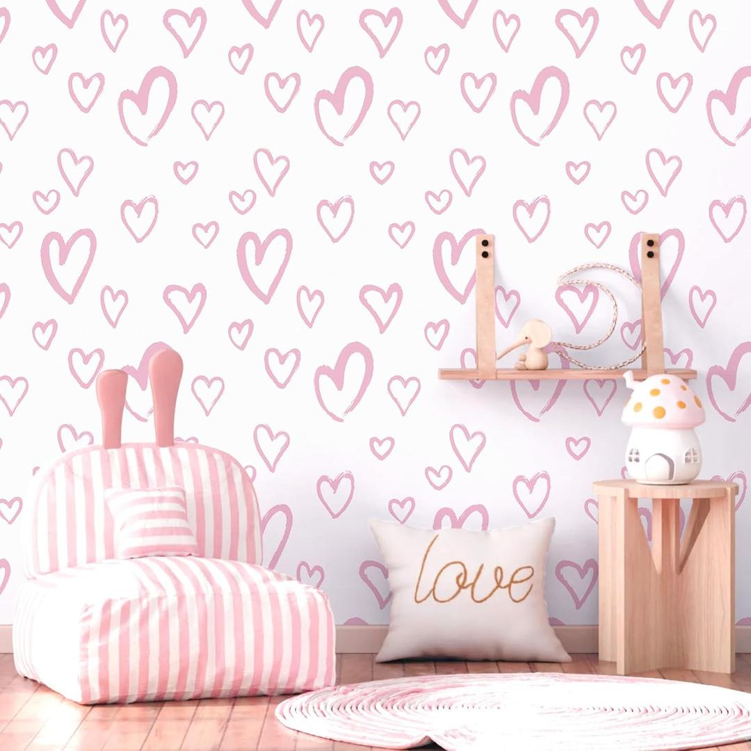 Pink Peel and Stick Wallpaper 17.3"x120" Modern Heart Vinyl Contact Paper Self Adhesive Removable Love Wallpaper DIY for Bedroom Girls Room Decoration Baby Nursery Room Wall Decals
