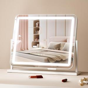 VEVOR Lighted Makeup Mirror, Three Color Lighting Modes Hollywood Vanity Mirror, Makeup LED Mirror with Lights, and 5X Magnification,USB Port, Smart Touch Control, 360Rotation (21.7x17.7 in, White)