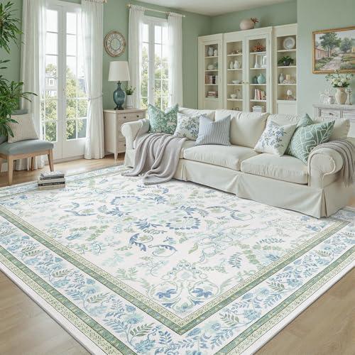 DCX Green 5x7 Rug, Kid & Pet Friendly with Rubber Back Non Slip, Machine Washable Stain Resistant Botanical Floral Rug for Living Room, Bedroom, Home Office, Soft Low Pile Large Nursery Carpet