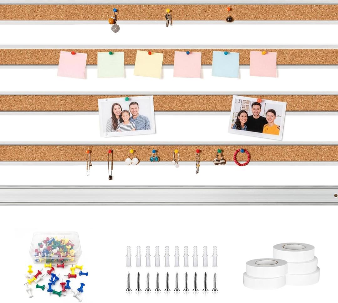 LILXIU 5 PCS Aluminum Trim Cork Board Strips for Walls 45.66 x 1.18 Inch Cork Strips Bulletin Bar Strip with Accessories Bulletin Board Strip for Home Office Classroom Decor