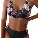 Fanuerg Women's Sexy V Neck Bikini Sets Hollow Out Two Piece Swimsuits Cutout Mid Waist Bathing Suit (Medium, Black Floral)