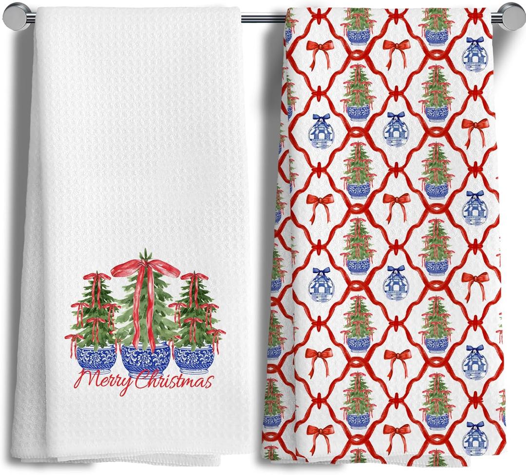 Blue and White Chinoiserie Christmas Tree Kitchen Towels Set of 2,Christmas Dish Towels for KitchenXmas Hand Towels for BathroomGrandmillennial Home Decor 16x24 Inch