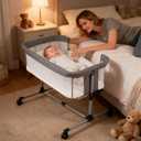 Bassinet Bedside Sleeper with Wheels, 5 Height Adjustable Baby Crib, 2-in-1 Baby Bedside Bassinet, Breathable Full Mesh & Mattress, Stable and Secure Bed for Newborn Infant (Basic Grey)