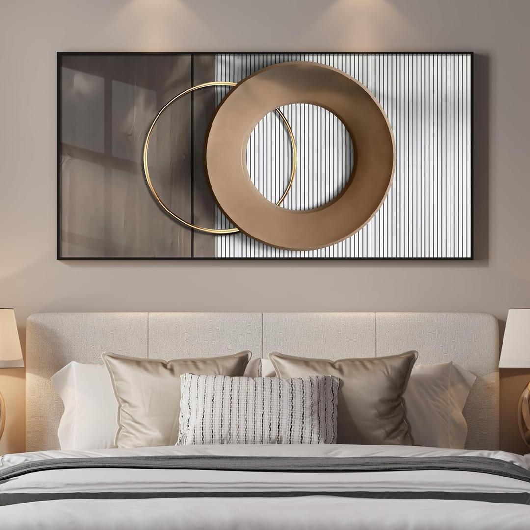 Large Horizontal Modern Wall Art for Bedroom, Framed Neutral Picture Prints, Minimalist White Brown Circle Geometric Painting Artwork Decor for Living Room Dining Room Hallway Office 56x28 Inch
