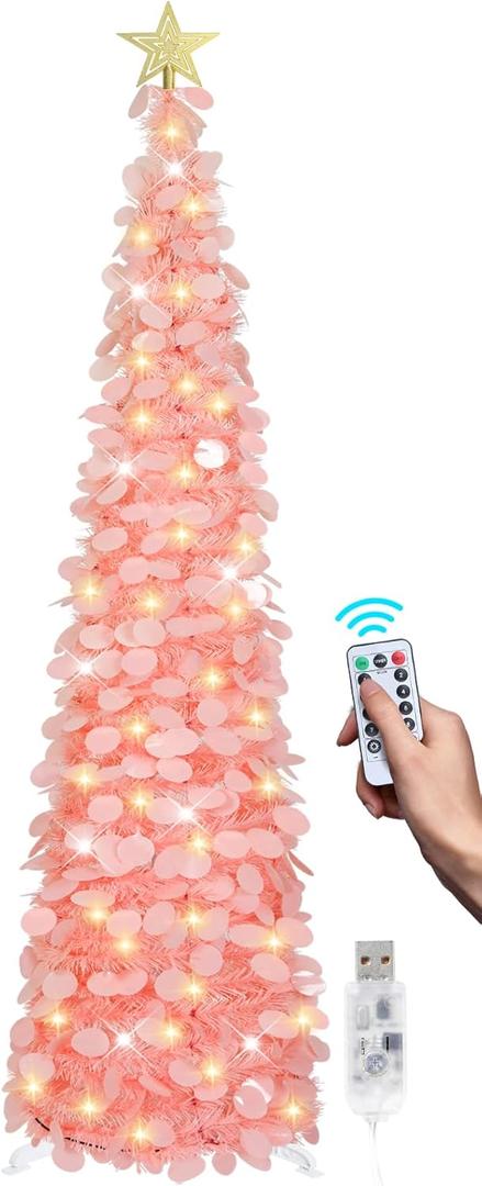 SINTENILL 6 FT Pop Up Christmas Tree with 100 LED Timer Lights & Remote, Pink Collapsible Christmas Tinsel Tree Artificial Pencil Tree Xmas Decoration for Holiday Home Office Party, USB Powered