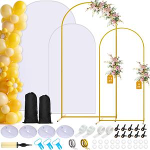 Metal Arch Backdrop Stand and Cover Set of 2, 7.2ft 6ft Gold Party Back drop Arch Stand with Spandex White Background Covers Balloon Garland Kit for Birthday Parties Wedding Ceremony Baby Shower Decor