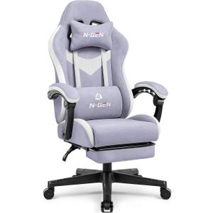 N-GEN GAMING Video Gaming Chair with Footrest Lumbar Support for Home Office High Back Recliner Height Adjustable Ergonomic Comfy Fabric Computer Desk Chair (Purple)