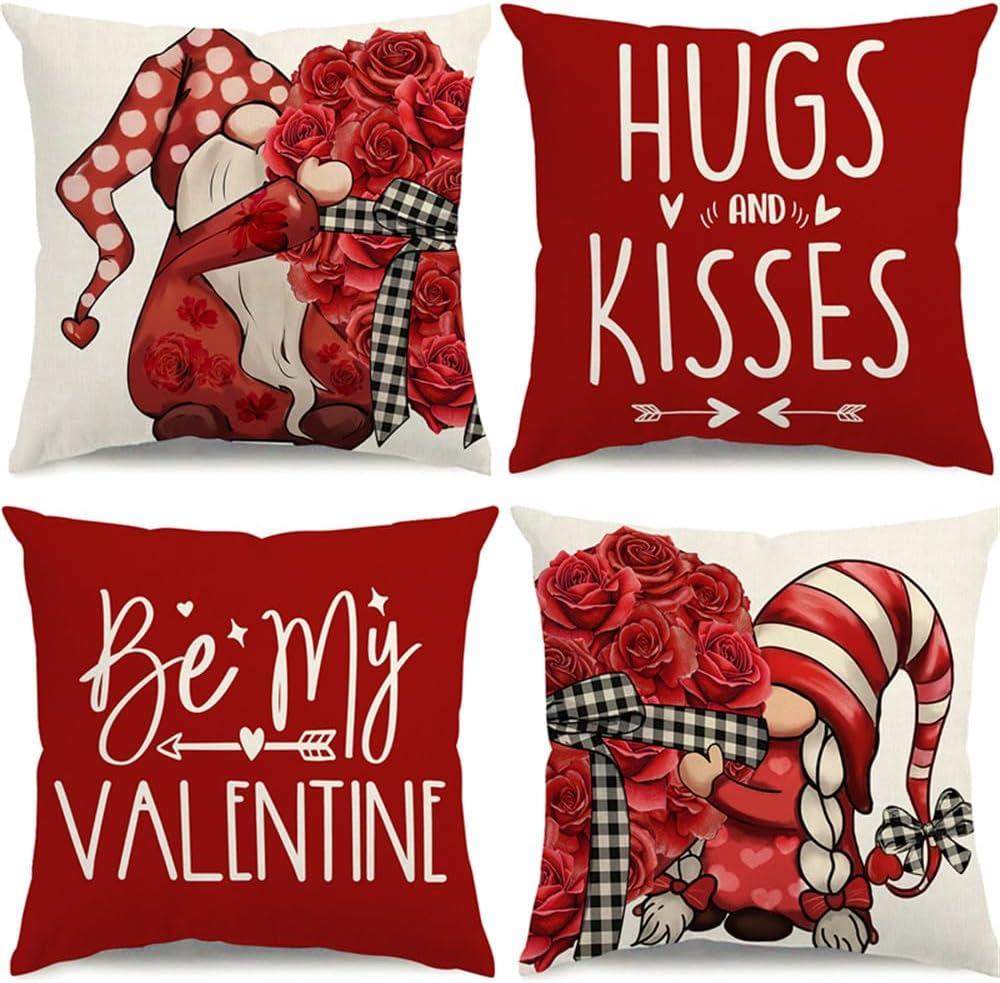 Valentine's Day Pillow Covers 20x20 Roses Love Heart Gnomes Valentines Day Decorations Be My Valentine Throw Pillow Covers Hugs and Kisses Wedding Cushion Case for Sofa Couch Set of 4