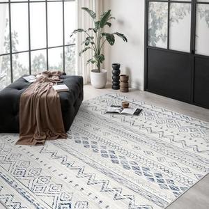 Miukiki 5x7 Area Rug for Living Room Moroccan Washable Rugs Non Slip Indoor Floor Carpet Foldable Large Soft Area Rug for Dining Room Bedroom with Low Pile(Blue,5'x7')
