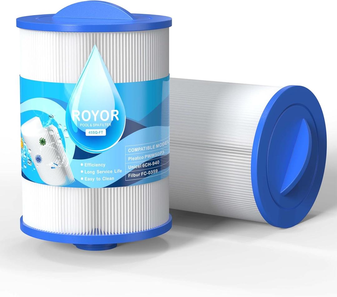 ROYOR PWW50 Spa Filter for Hot Tub - Hot Tub Filters Replacements Unicel 6CH-940, PWW50P3 (1-1/2" Coarse Thread), Filbur FC-0359, Waterways 817-0050, 45 Sq. Ft. Viking Spa Filter, 2 Pack