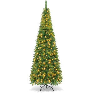 Goplus Prelit Pencil Christmas Tree, Premium Hinged Fir Tree, with LED Lights and Solid Metal Stand, Easy Assemble, Ideal Artificial Xmas Tree for Home and Office, Warm White LED (7.5FT)