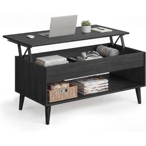 VASAGLE Lift Top Coffee Table, Lift Tabletop Dining Table, Gas Spring, Hidden Compartment, Open Storage Shelf, for Living Room, Home Office, Charcoal Gray ULCT268BA01S