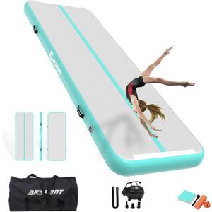 AKSPORT Inflatable Gymnatsics Mat Tumble Track, Size 10ftx3.3ftx8inch, Air Tumbling Mat with Air Pump for Home Use/Training/Cheerleading/Yoga (Mint Green)