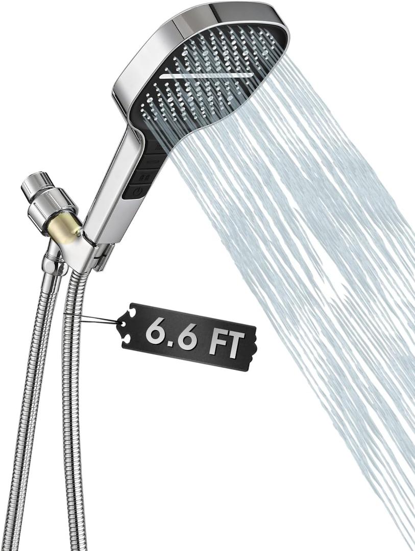 Handheld Shower Head with Extra Long Hose, 8 Setting Square Detachable Hand Held Spray with Upgrade Button & On Off Switch, 79" Hose - Chrome
