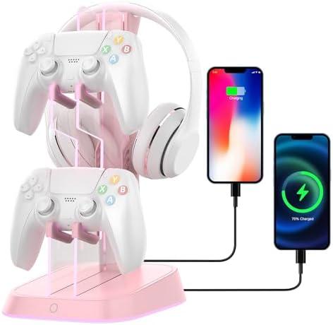 BIFONODKR Headphone Controller Stand&Holder for PlayStation Xbox Nintendo Switch Other Game Controller with RGB Lights&2 USB Charging Station Ports,Earphone Hanger Gamers Desktop Accessories (Pink),Demage Parts