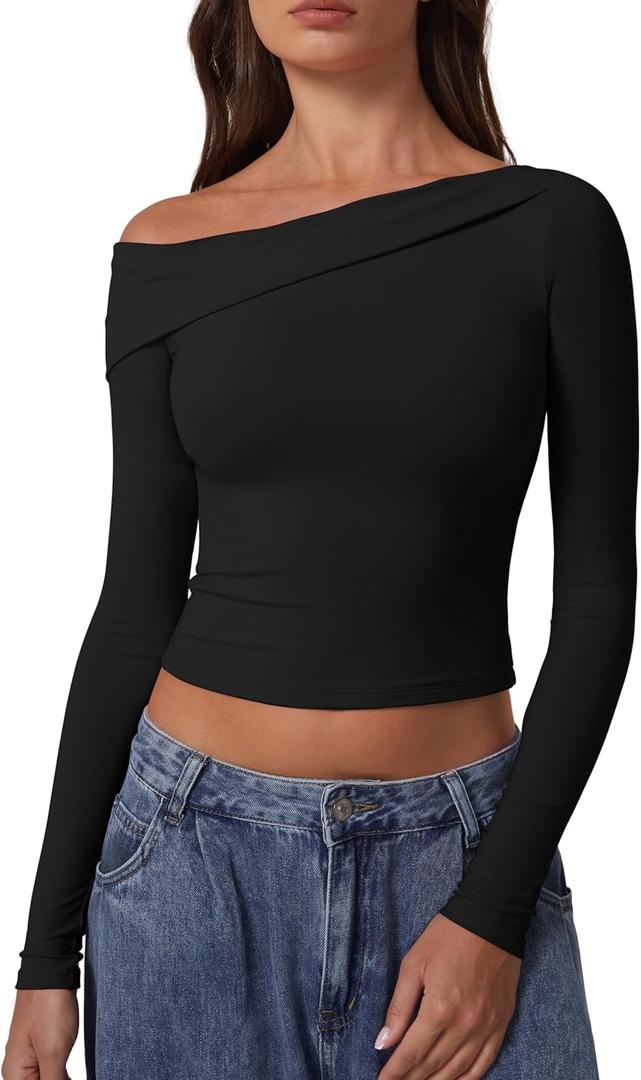 QINSEN Women Long Sleeve Off Shoulder Tops Trendy Double Lined Going Out Shirt for Fall (Medium, Black)