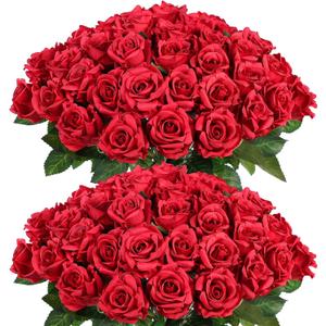 FOTEEWL 60 Pcs Artificial Rose Flower Realistic Faux Silk Roses Stem Fake Roses Bouquet for Flower Arrangement,Wedding Centerpieces,Party,Home Decorations (Burgundy)