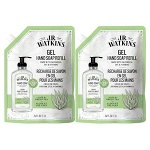 J.R. Watkins Gel Hand Soap Refill, Moisturizing Hand Wash, Formulated with Plant-Based Cleansers, Alcohol-Free, Cruelty-Free, Aloe & Green Tea, 34 Fl Oz, 2 Pack
