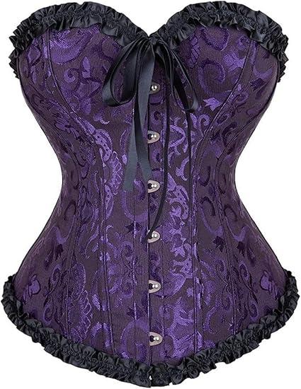 AVORIX Corset Tops for Women, Bustier Shapewear Lingerie, Lace Waist Push Up, Bodysuit Floral Overbust Lingerie Black Purple-M