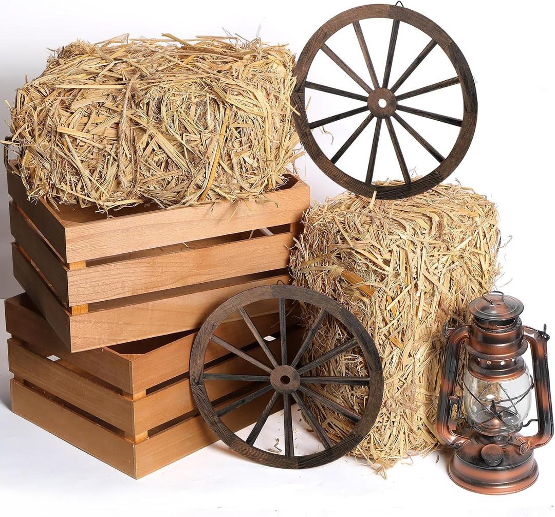 6 Pack 13 x 9 x 6 Inch Straw Hay Bale Stack Decoration Set Rustic Wooden Wagon Wheel Natural Hay Bales Boxes for Western Cowboy Photo Booth Props Birthday Farm Accessories
