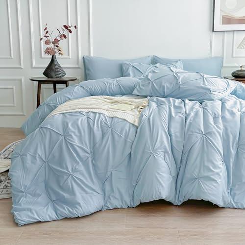 Maple&Stone Full Size Comforter Sets, 7 Pieces Bedding Sets Full, Pintuck Bed in a Bag Bed Set with Comforter, Sheets, Pillowcases & Shams - Light Blue