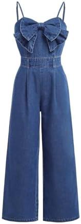 Floerns Girl's Bowknot Sleeveless Overall Denim Jumpsuit Kids Baggy Jeans Pants 9Y