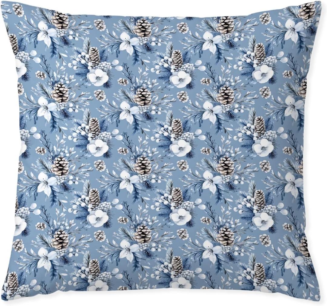 Blue Christmas White Floral Pillow Covers 18x18, Winter Home Decor, Holiday Winter Christmas Botanical Decorative Throw Pillow Covers for Couch Sofa Bedroom Living Room