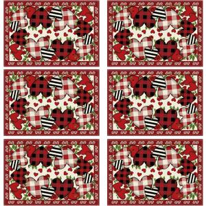 XCHI Buffalo Plaid Love Hearts Roses Flowers Valentine's Day Placemats Set of 6 Table Mats for Party Home Kitchen Dining Table Decorations 12x18 Inch